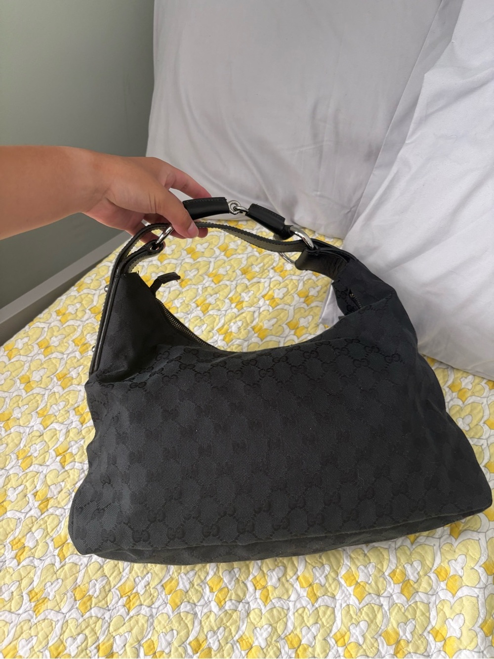 Gucci Black Monogram Canvas GG Horsebit Medium Hobo Bag - Picture 7 of 15